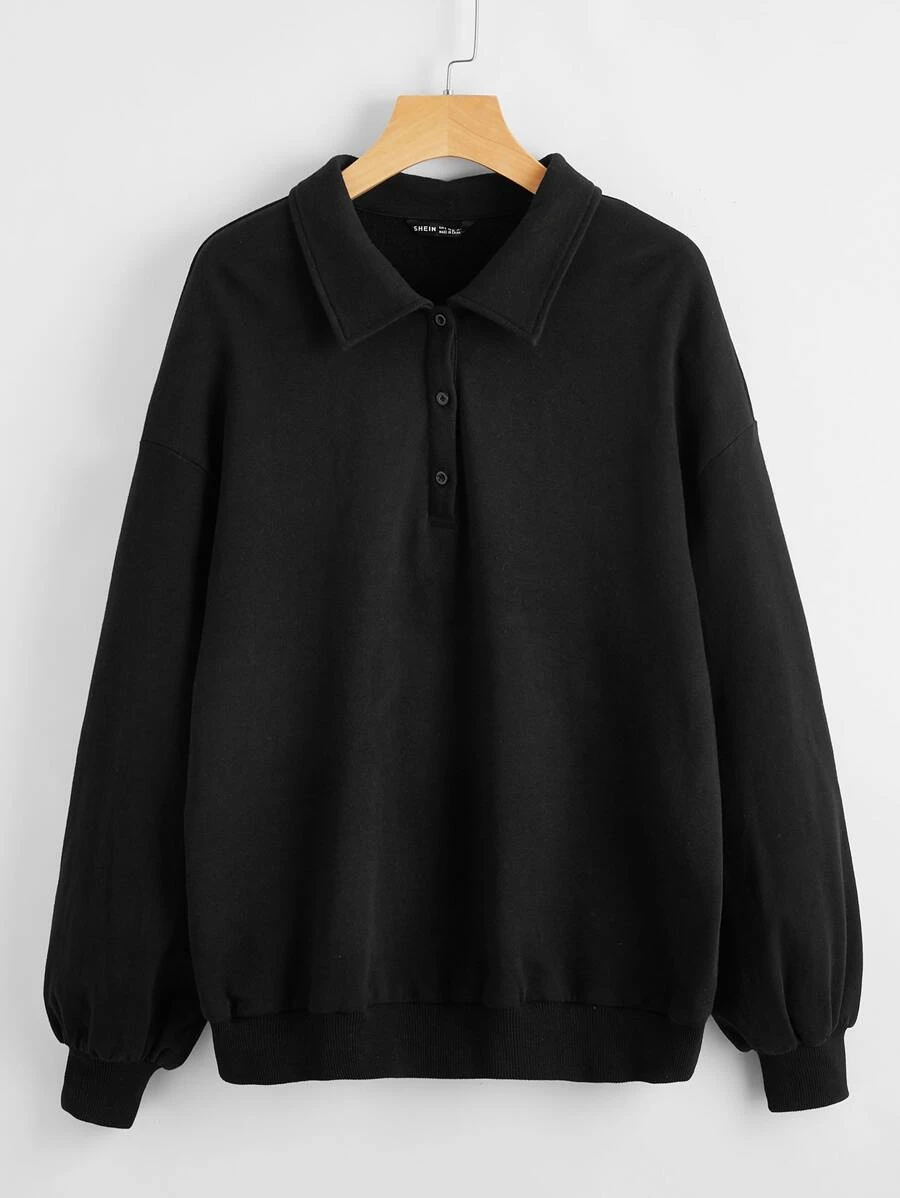 SHEIN Drop Shoulder Solid Half Button Placket Pullover - Black - View 1