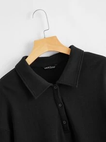 SHEIN Drop Shoulder Solid Half Button Placket Pullover - Black - View 4