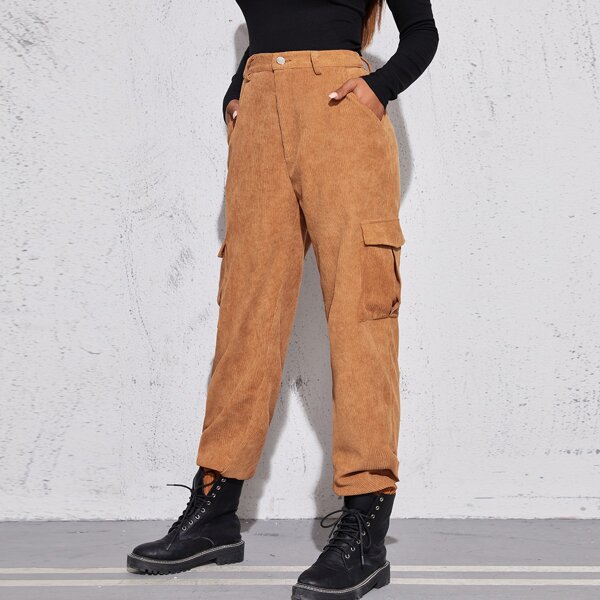 

Zipper Fly Flap Pocket Cord Pants, Brown