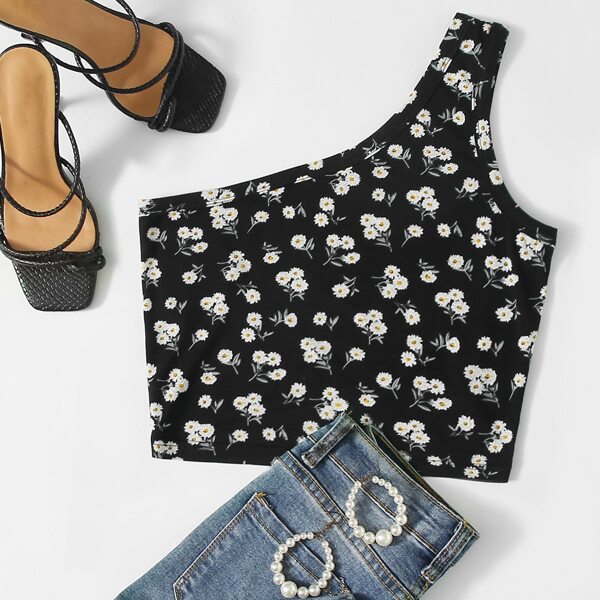 

One Shoulder Daisy Floral Top, Black