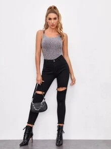 SHEIN Body tejido de canalé de espalda abierta con tira cruzada - Gris - Ver 5