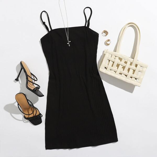 

Rib-knit Solid Dress, Black