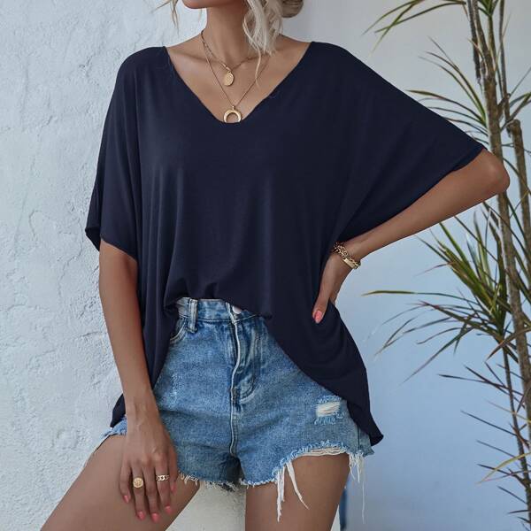 

V-neck Batwing Sleeve Solid Tee, Navy blue