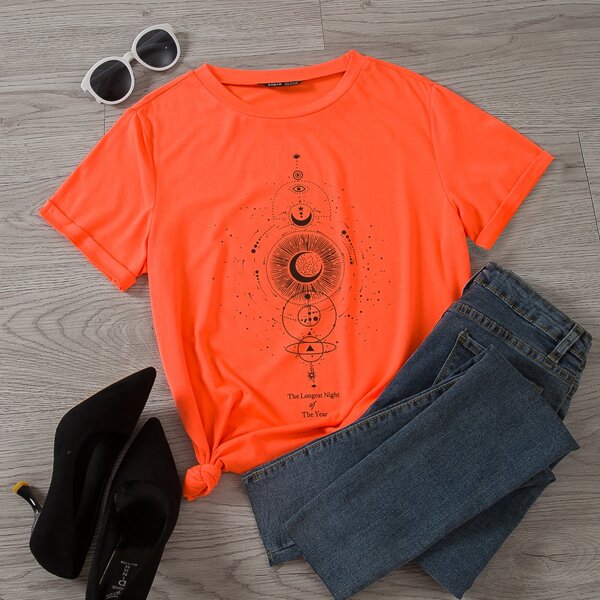 

Moon And Slogan Graphic Short Sleeve Tee, Orange bright