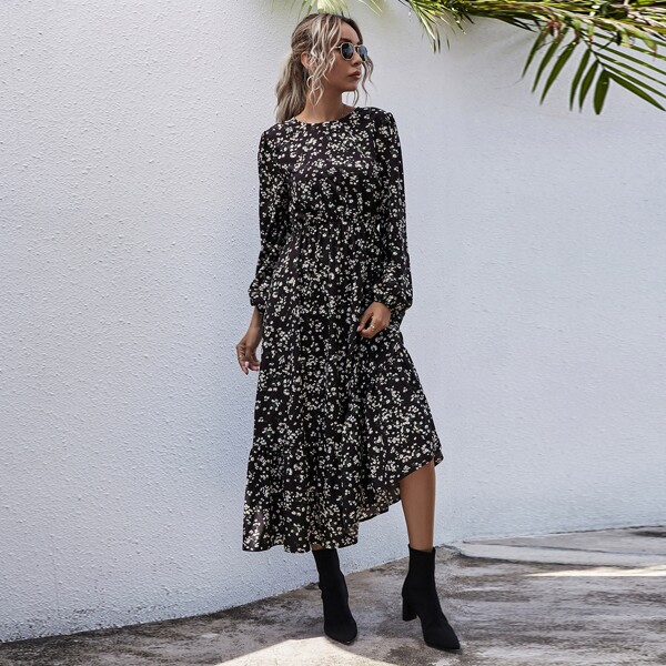 

Ditsy Floral Keyhole Back Ruffle Hem Dress, Black