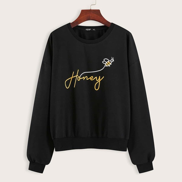 

Plus Drop Shoulder Letter Graphic Sweatshirt, Black