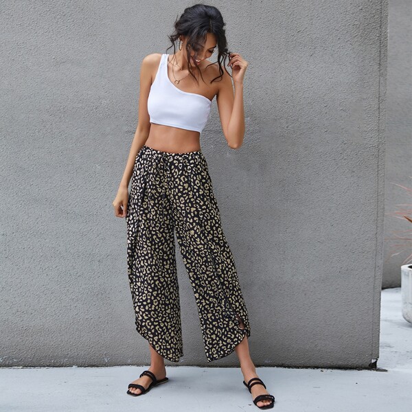 

Allover Print Knot Split Wide Leg Pants, Multicolor