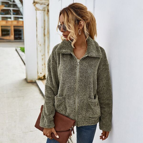 

Plush Zip-Up Drop Shoulder Teddy Jacket, Army green