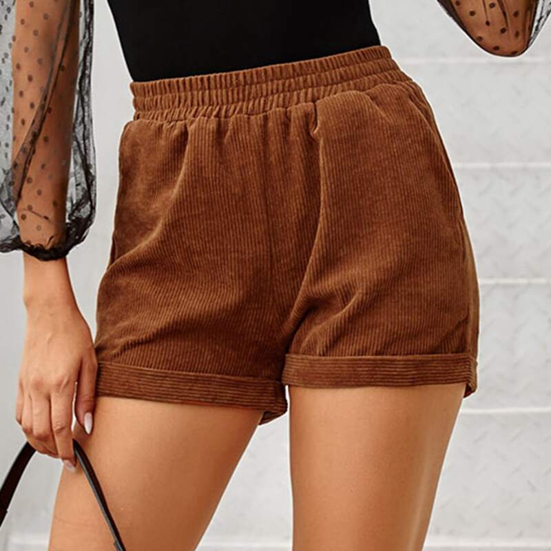 

Corduroy Rolled Hem Elastic Waist Shorts, Rust brown