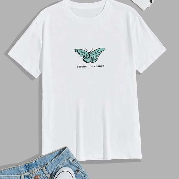 

Men Butterfly And Slogan Graphic Tee, White
