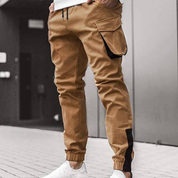 

Men Flap Pockets Contrast Tape Cargo Pants, Camel