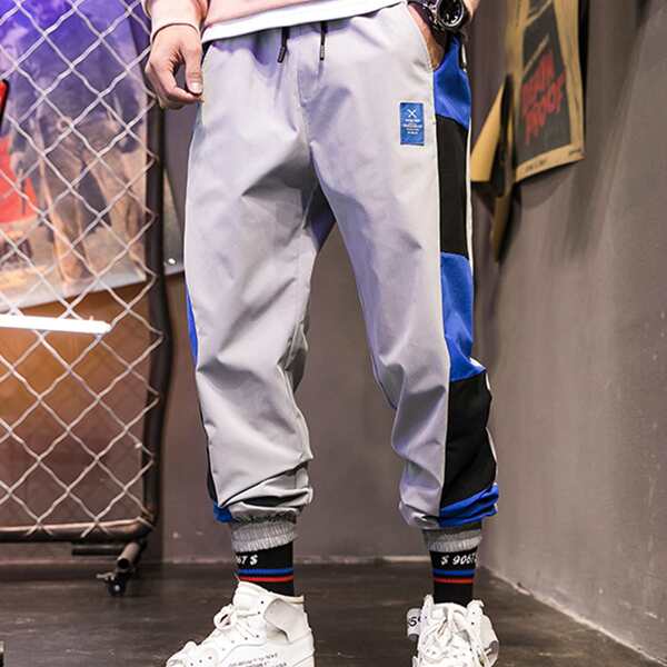 

Men Color Block Drawstring Waist Pants, Light grey