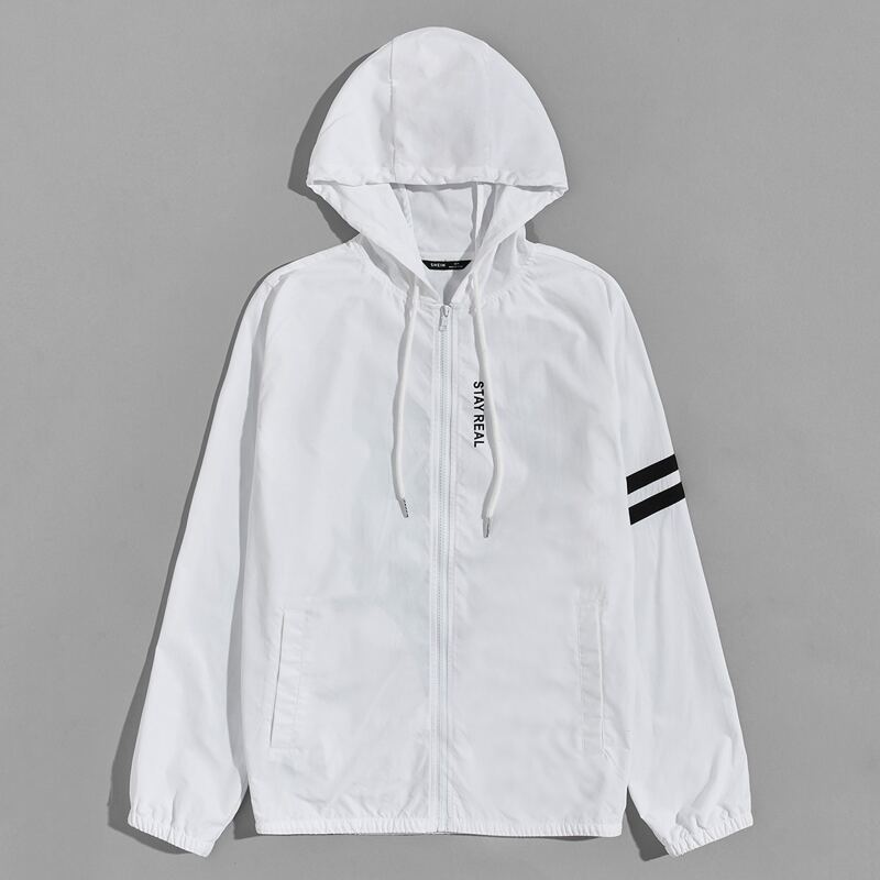 

Guys Letter Graphic Striped Sleeve Hooded Jacket, White