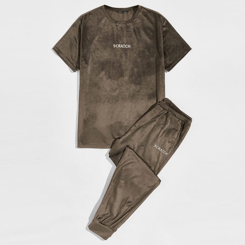 

Guys Letter Embroidered Velvet Tee and Joggers Set, Chocolate brown