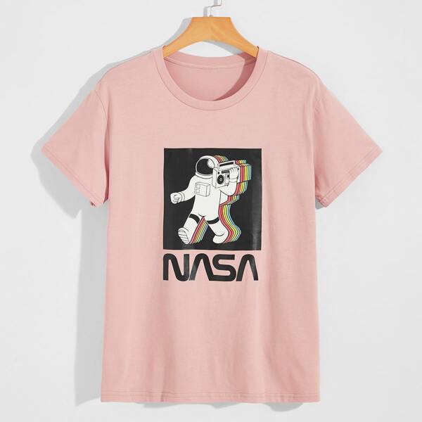 

Men Letter & Cartoon Graphic Tee, Baby pink
