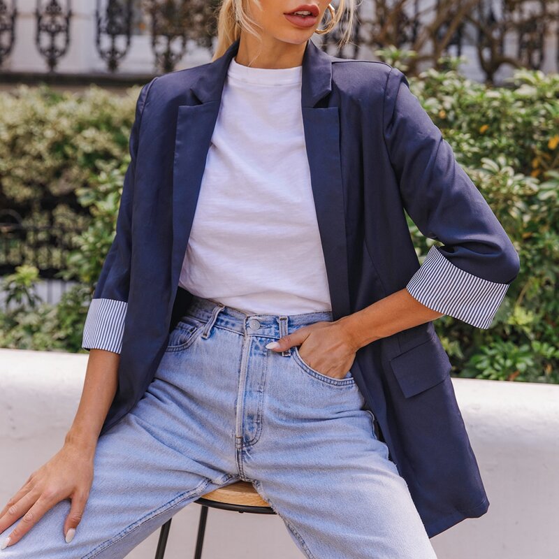 

Striped Rolled Cuff Open Front Blazer, Navy blue