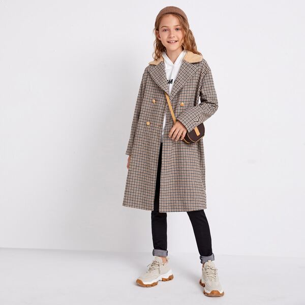 

Girls Faux Shearling Trim Double Button Houndstooth Coat, Multicolor