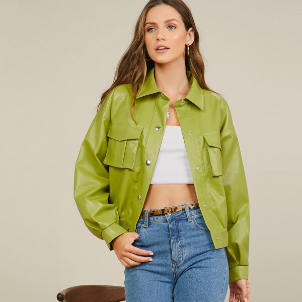 

Strap Hem PU Leather Tracker Jacket, Lime green