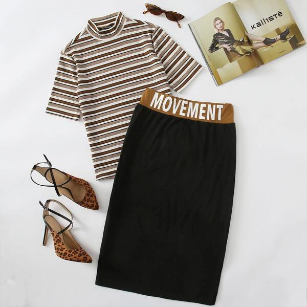 

Stand Collar Striped Tee & Letter Graphic Skirt Set, Multicolor