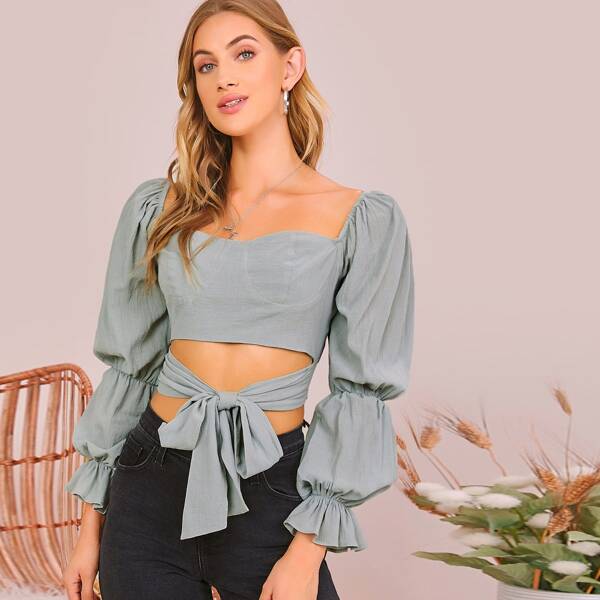 

Tie Front Gathered Sleeve Crop Milkmaid Top, Pastel mint green
