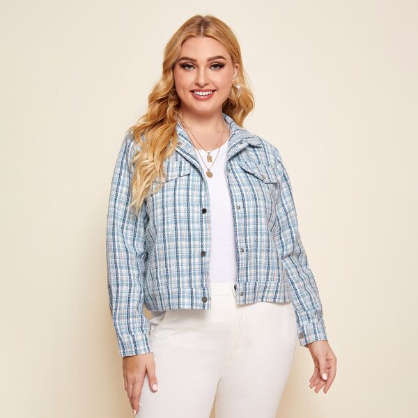

Plus Plaid Button Front Jacket, Baby blue
