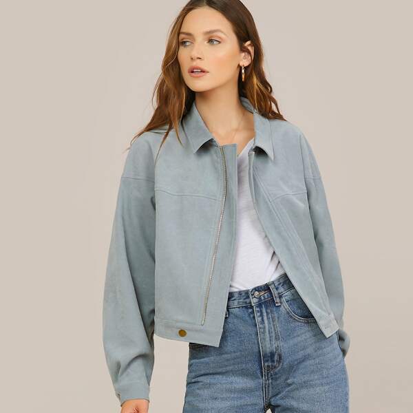 

Binding Trim Drop Shoulder Zip Up Jacket, Dusty blue