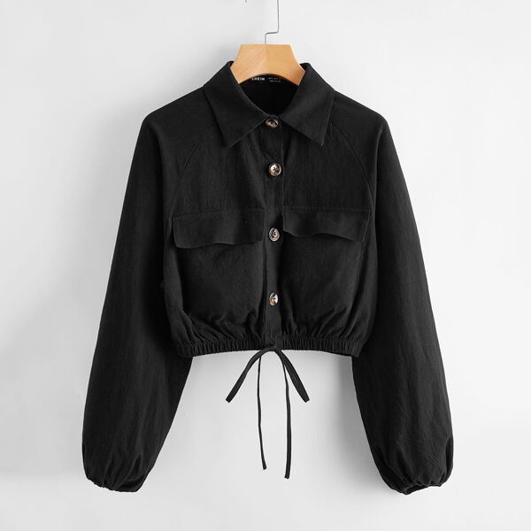 

Flap Pocket Front Knot Hem Lantern Sleeve Crop Jacket, Black