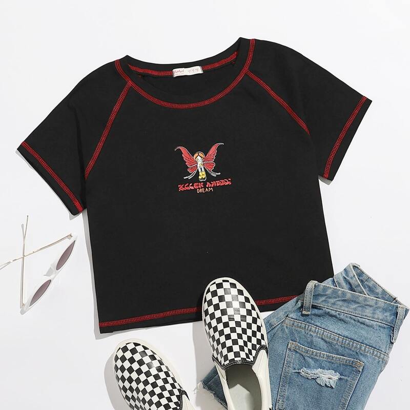 

Cartoon Graphic Stitching Crop Tee, Black