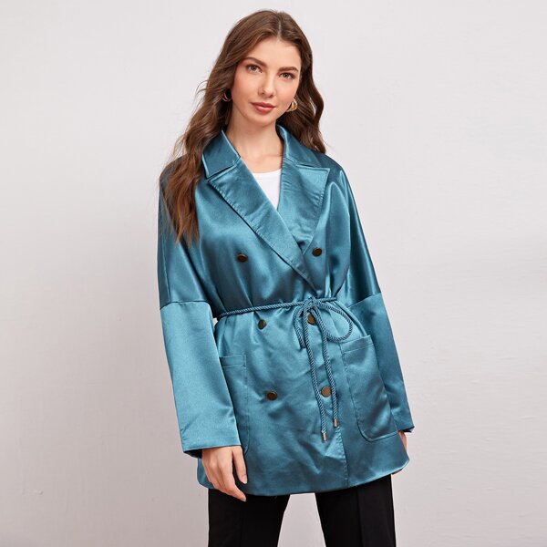 

Peak Collar Pocket Front Self Belted Blazer, Dusty blue