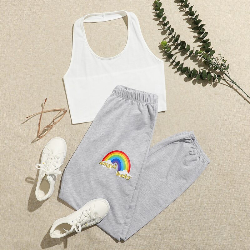 

Crop Halter Top & Rainbow Print Sweatpants, Multicolor