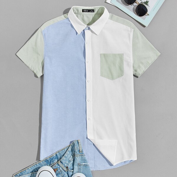 

Men Pocket Patched Colorblock Shirt, Multicolor