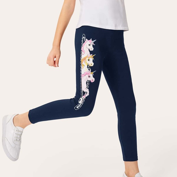 

Girls Unicorn Print Leggings, Navy blue