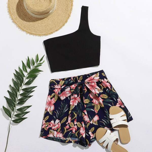 

One Shoulder Rib-knit Top and Self Belted Floral Shorts Set, Multicolor