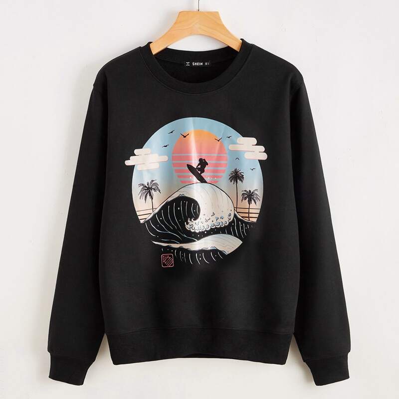

ROMWE X Vincenttrinidadart Wave Graphic Sweatshirt, Black