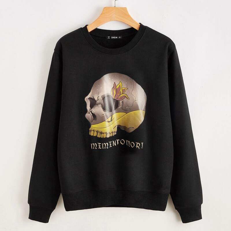 

ROMWE X Vincenttrinidadart Skull & Letter Graphic Sweatshirt, Black