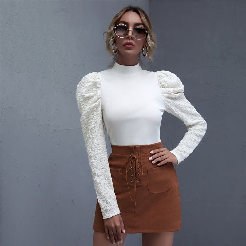 

Mock Neck Gigot Sleeve Rib-knit Top, White