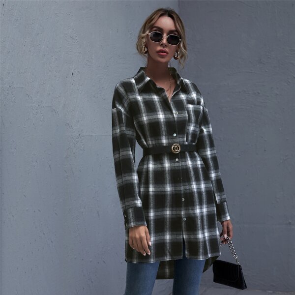 

Button Front Plaid Top Without Belt, Black