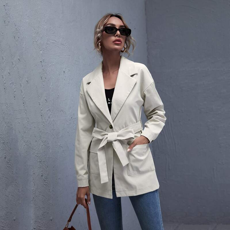 

Flap Pocket Single Button Belted Coat, Beige
