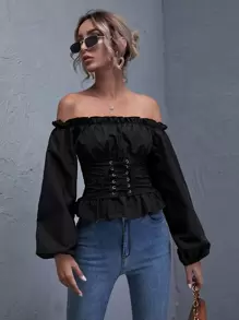 SHEIN LUNE Ruffled Off-the-Shoulder Lace-Up Peplum Top - Black - View 1