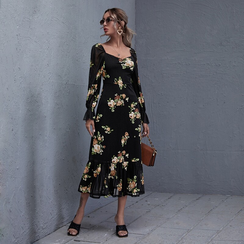 

Sweetheart Neck Ruffle Hem Floral Mesh Dress, Black