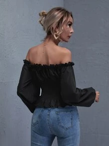SHEIN LUNE Ruffled Off-the-Shoulder Lace-Up Peplum Top - Black - View 2