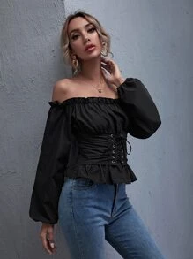 SHEIN LUNE Ruffled Off-the-Shoulder Lace-Up Peplum Top - Black - View 3