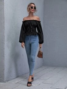 SHEIN LUNE Ruffled Off-the-Shoulder Lace-Up Peplum Top - Black - View 4