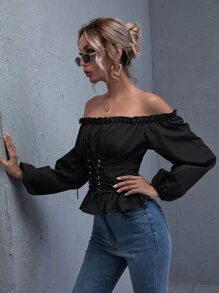 SHEIN LUNE Ruffled Off-the-Shoulder Lace-Up Peplum Top - Black - View 5