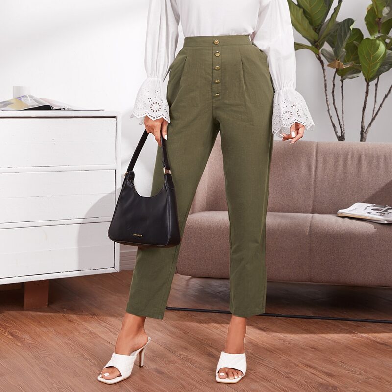

Solid Fold Pleated Button Front Pants, Army green