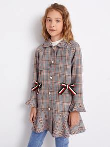 SHEIN 女孩條紋結飾細節插肩袖荷葉邊下擺格紋外套