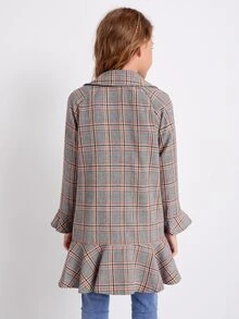 SHEIN 女孩條紋結飾細節插肩袖荷葉邊下擺格紋外套