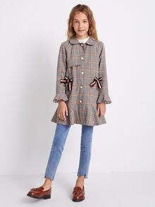 SHEIN 女孩條紋結飾細節插肩袖荷葉邊下擺格紋外套