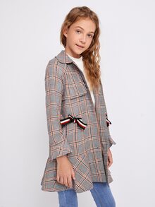 SHEIN 女孩條紋結飾細節插肩袖荷葉邊下擺格紋外套