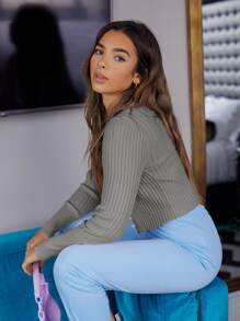 SHEIN EZwear Pearl Button Up Rib-knit Cardigan - Grey - View 3